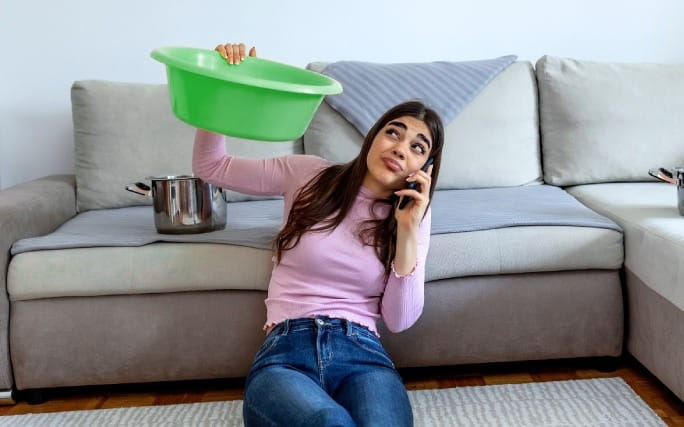Mulher segura uma bacia para recolher goteiras do teto, enquanto telefona para a assistência.