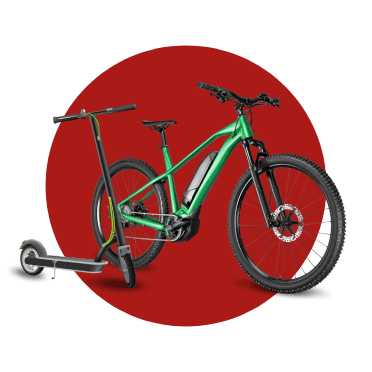 Bicicleta verde parada com trotinete ao lado