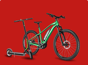cross sell lazer e tempos livres bicicleta e trotinete fundo vermelho